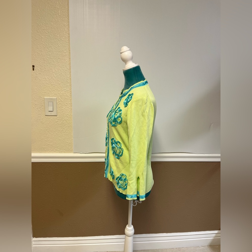 Vintage Cardigan Sweater Women’s Small Green & Blue Floral Beaded Sequin - Picture 2 of 6